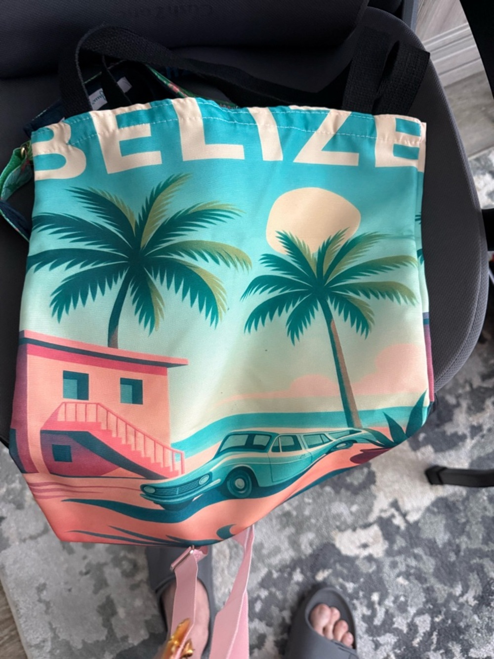Tropical Belize Print Tote Bag - Teal & Pink